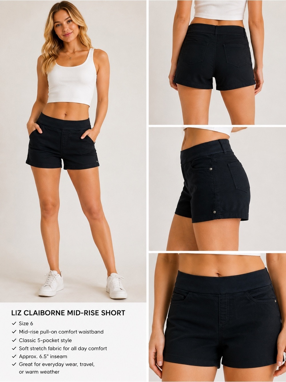 Liz Claiborne Amber Black Mid Rise Pull On Stretch Shorts Size 6